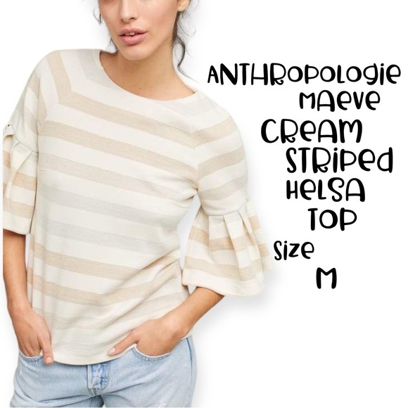 Anthropologie Maeve size M cream Striped Ruffled-Sleeve Helsa Top - Picture 3 of 12